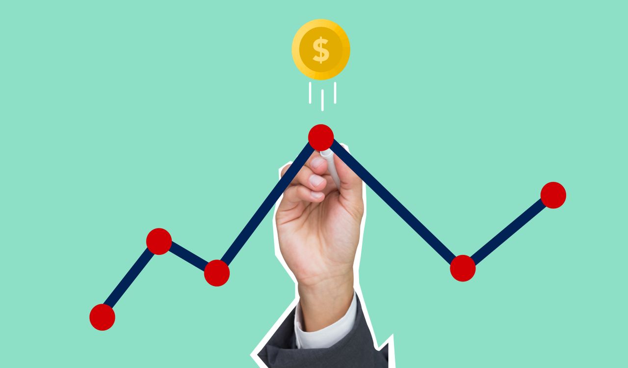 Cutout paper appliques of hand with chalk drawing graph under coin with dollar symbol on green background