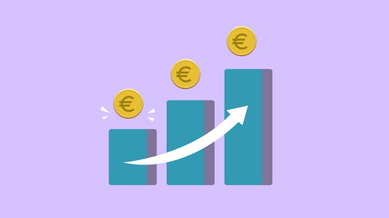why-choose-us Vector illustration of income growth chart with arrow and euro coins against purple background
