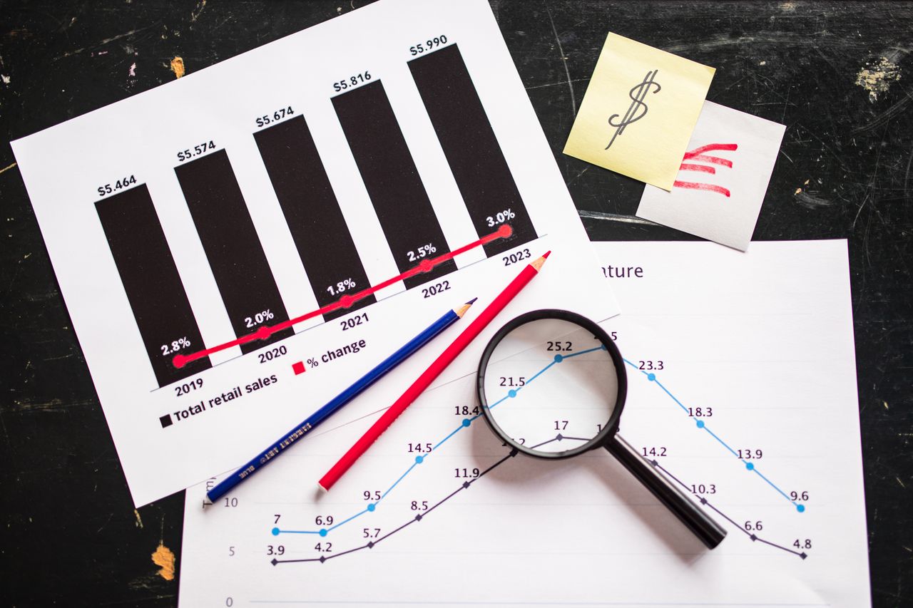 Crafting Captivating Headlines: Your awesome post title goes here Charts and graphs highlighting retail sales growth, utilizing a magnifying glass for detail.
